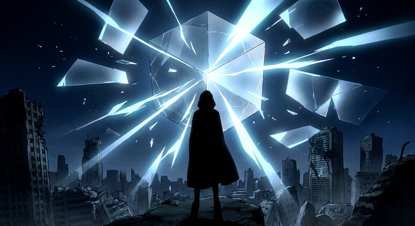 Silhouette encapuchonnee devant un cube fracturant l espace