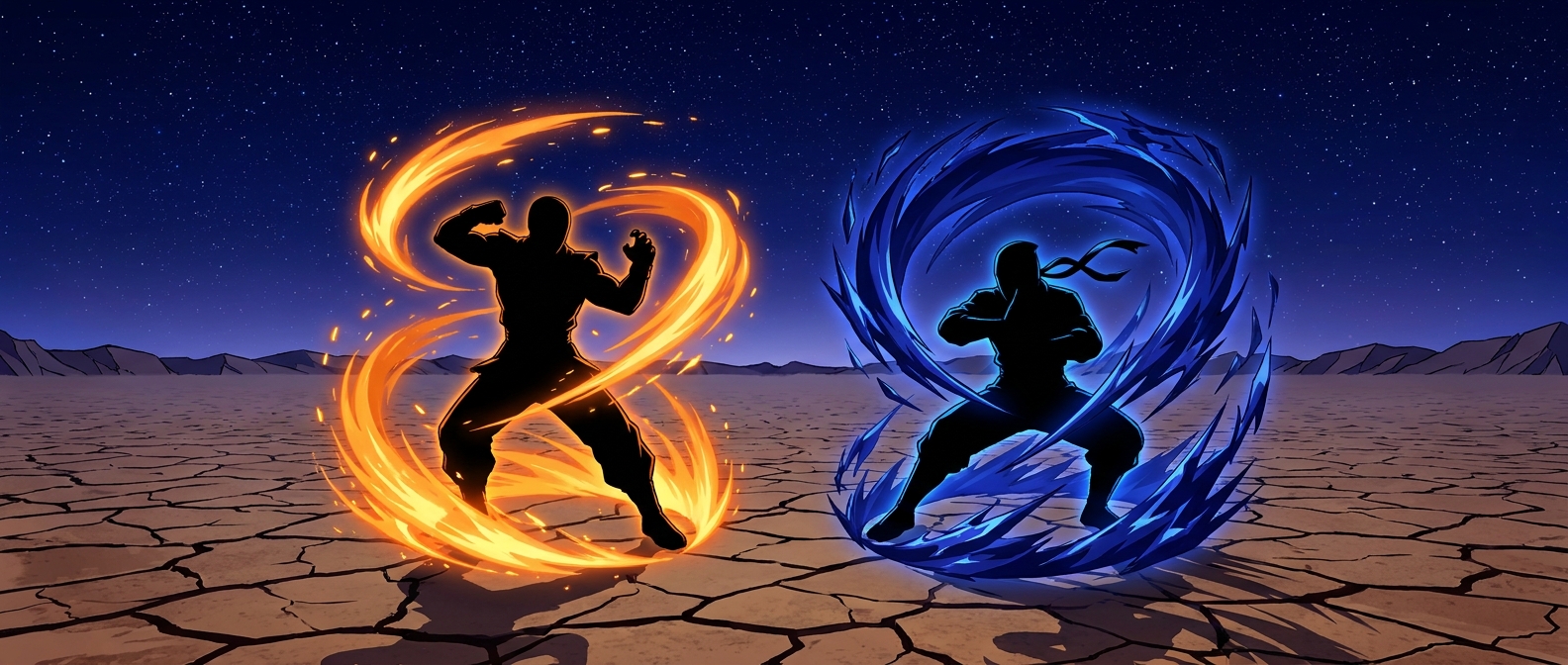 Deux combattants en silhouette entoures de tourbillons d energie orange et bleu