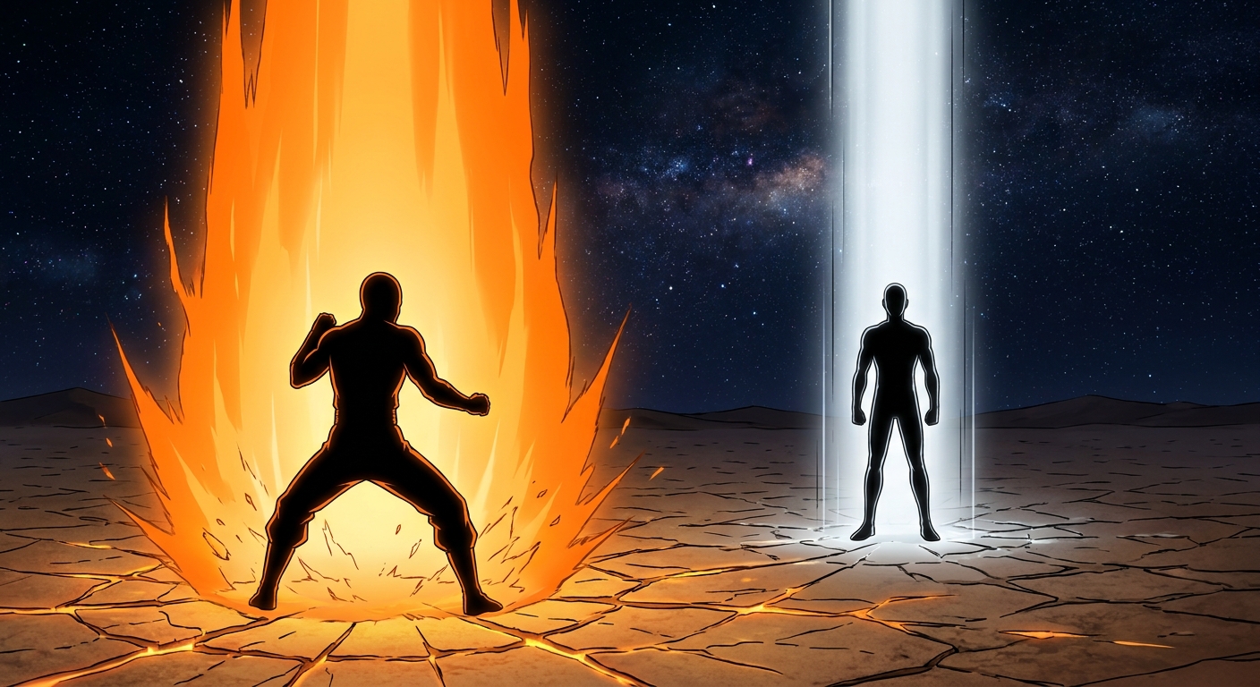 Deux combattants en silhouette, l un dans une aura orange, l autre dans un faisceau blanc