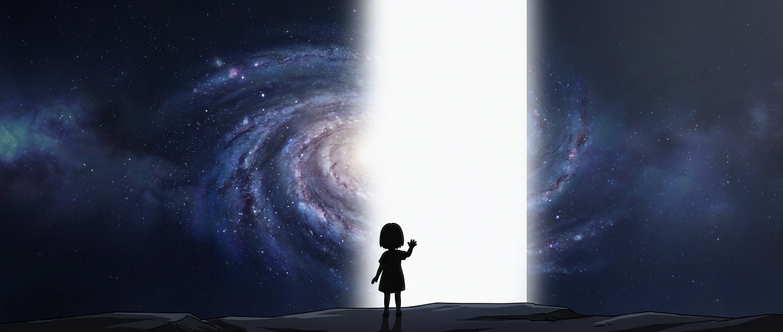 Petite silhouette face a une galaxie a moitie effacee
