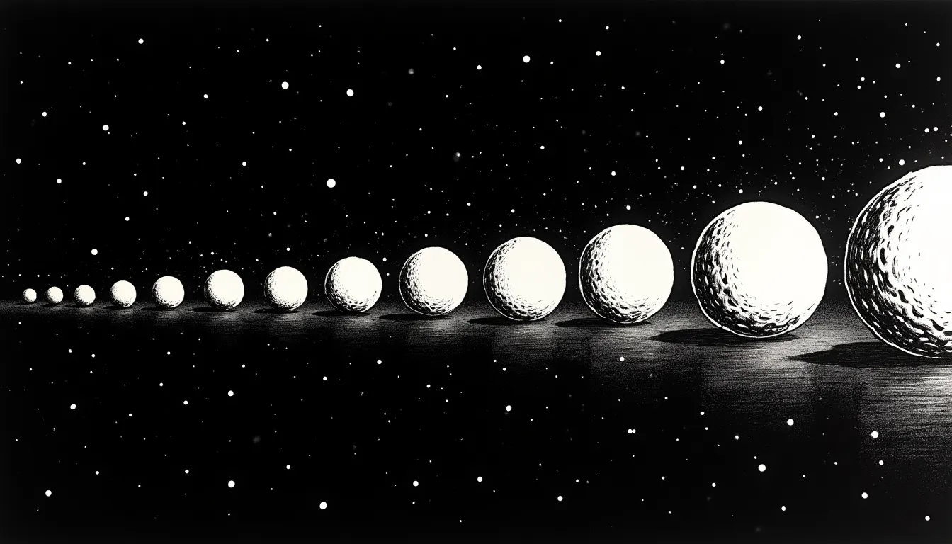 Douze spheres alignees dont la moitie disparait progressivement